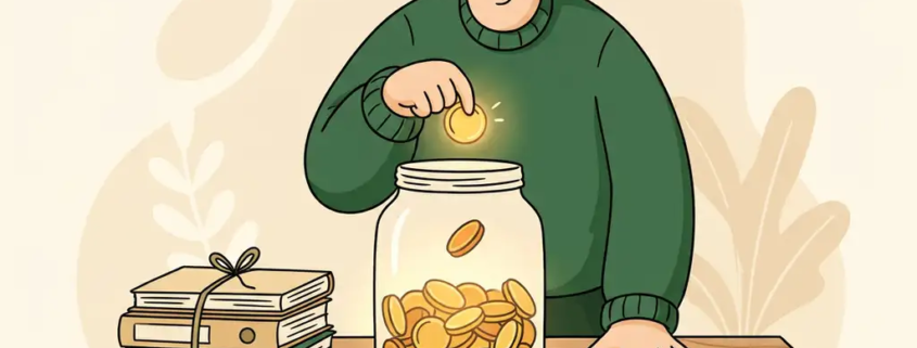 Illustratie van een figuur dat een gouden munt in een gevulde glazen spaarpot plaatst op een houten bureau met mappen.