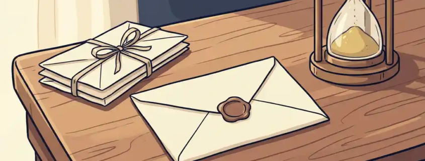 Verzegelde officiële envelop op houten bureau naast ongeopende brieven en zandloper met goudkleurig zand.