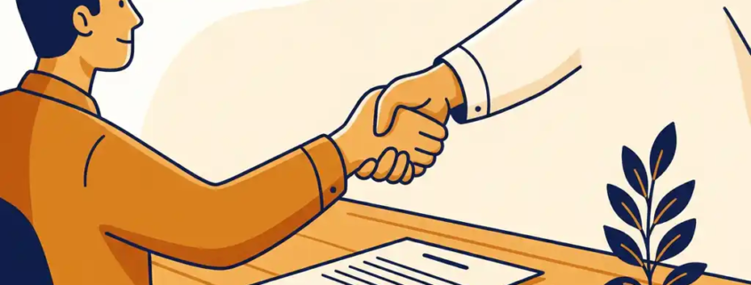 Handdruk tussen ondernemer en klant boven een ondertekend contract op een houten bureau, met een kleine groene plant op de achtergrond.
