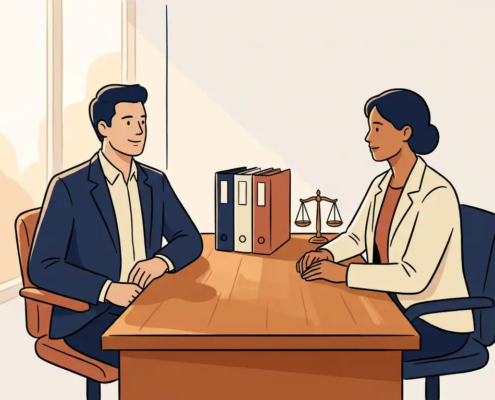 Ondernemer en adviseur aan houten bureau met drie documentmappen en weegschaal, zachte ramen­licht, illustratieve stijl.