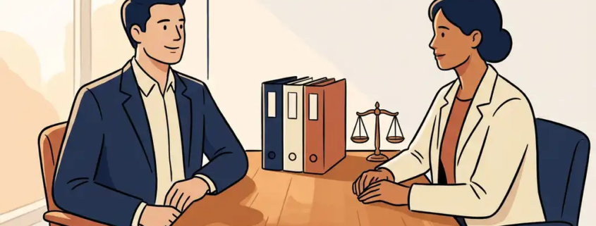 Ondernemer en adviseur aan houten bureau met drie documentmappen en weegschaal, zachte ramen­licht, illustratieve stijl.