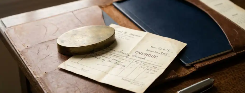 Opengeslagen leren bureaukalender op eikenhouten bureau met een achterstallige factuur onder een messing presse-papier en vulpen.