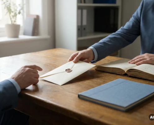 Zakelijke professional schuift betalingsenvelop over houten bureau naar klant, met factuurmap en kasboek op de voorgrond.