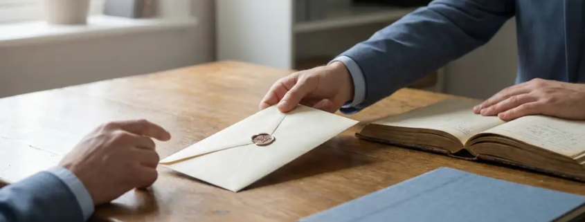Zakelijke professional schuift betalingsenvelop over houten bureau naar klant, met factuurmap en kasboek op de voorgrond.