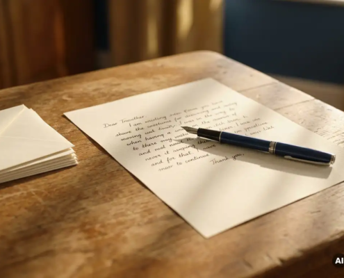 Handgeschreven betalingsherinnering op een eiken bureau naast enveloppen en een pen, warm middaglicht, ondiepe scherptediepte.