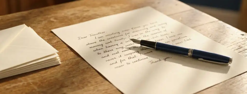 Handgeschreven betalingsherinnering op een eiken bureau naast enveloppen en een pen, warm middaglicht, ondiepe scherptediepte.
