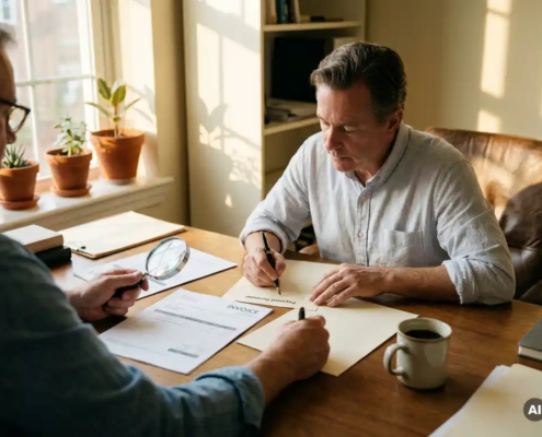 Ondernemer aan houten bureau die factuur controleert en betalingsherinnering schrijft, koffie naast zich, warm middaglicht.