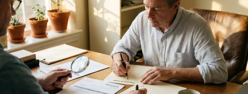 Ondernemer aan houten bureau die factuur controleert en betalingsherinnering schrijft, koffie naast zich, warm middaglicht.