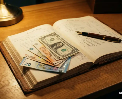 Opengeslagen leren grootboek op eikenhouten bureau met euro's, ponden en dollars uitgewaaierd over de pagina's en een vulpen erop.