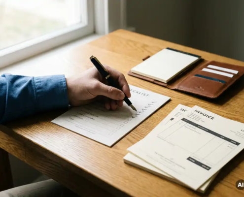 Hand die een gedrukte checklist controleert op een eikenhouten bureau, met een vulpen, facturen en een leren portfolio.