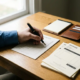 Hand die een gedrukte checklist controleert op een eikenhouten bureau, met een vulpen, facturen en een leren portfolio.