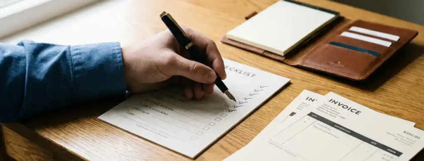 Hand die een gedrukte checklist controleert op een eikenhouten bureau, met een vulpen, facturen en een leren portfolio.