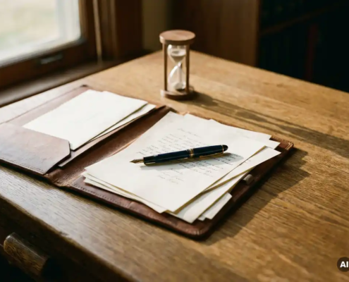 Opengeslagen leren factuurmap op eiken bureau met vulpen, onbetaalde documenten en zandloper in warm middaglicht.