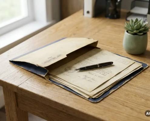 Open incassodossier op eikenhouten bureau met vulpen op officiële documenten en klein kamerplantje in zachte daglichtsfeer.