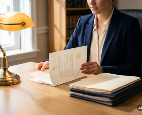 Incassospecialist aan houten bureau bestudeert formele juridische brief met professionele mappen en bureaulamp in warm kantoor.