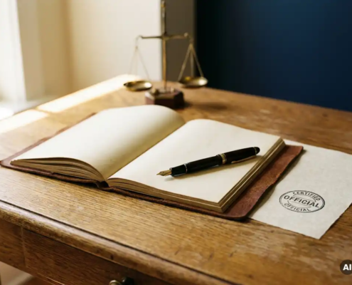 Opengeslagen leren dossier op eikenhouten bureau met officieel certificeringsstempel, vulpen en koperen weegschaal op de achtergrond.