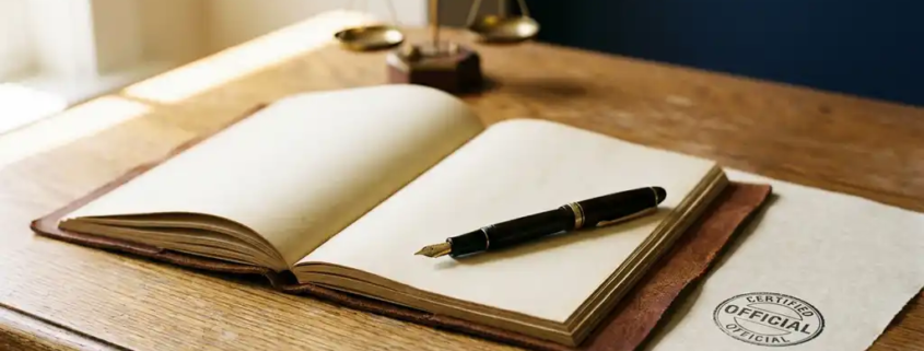 Opengeslagen leren dossier op eikenhouten bureau met officieel certificeringsstempel, vulpen en koperen weegschaal op de achtergrond.