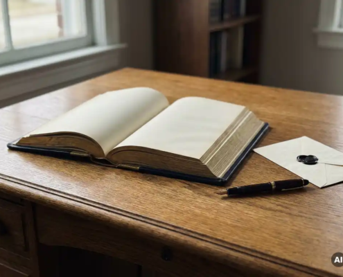 Opengeslagen leren grootboek op een eikenhouten bureau met een officiële envelop en vulpen, zacht natuurlijk licht.