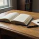Opengeslagen leren grootboek op een eikenhouten bureau met een officiële envelop en vulpen, zacht natuurlijk licht.