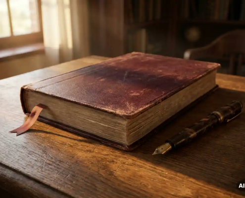 Gesloten leren grootboek met rood leeslint en vintage vulpen op een verweerd eikenhouten bureau in warm middaglicht.