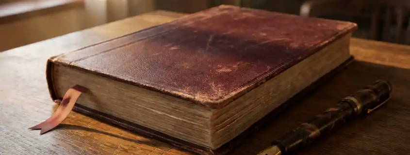 Gesloten leren grootboek met rood leeslint en vintage vulpen op een verweerd eikenhouten bureau in warm middaglicht.