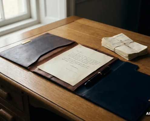 Opengeslagen leren map op eiken bureau met ongetekend document, vulpen en facturen in warm natuurlijk daglicht.