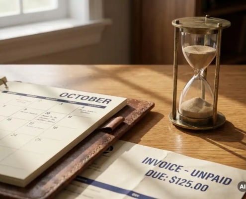 Versleten leren bureaukalender met onbetaalde factuur en vintage messing zandloper op gepolijst eiken bureau.