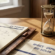 Versleten leren bureaukalender met onbetaalde factuur en vintage messing zandloper op gepolijst eiken bureau.