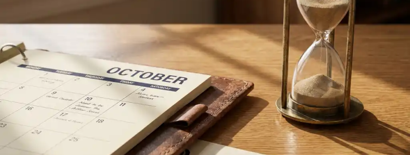Versleten leren bureaukalender met onbetaalde factuur en vintage messing zandloper op gepolijst eiken bureau.
