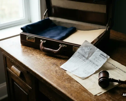 Versleten leren aktetas op eikenhouten bureau met onbetaalde factuur, houten hamer en gevouwen juridisch document.