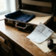 Versleten leren aktetas op eikenhouten bureau met onbetaalde factuur, houten hamer en gevouwen juridisch document.
