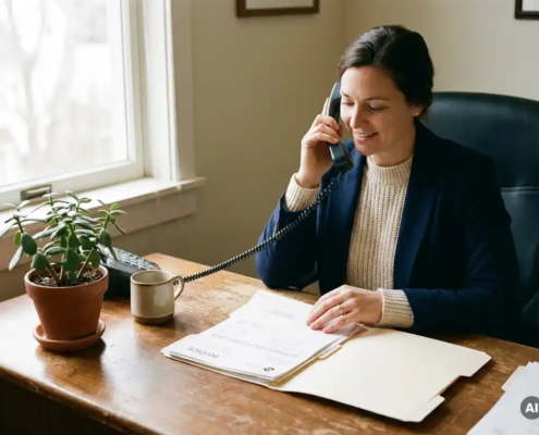 Ondernemer aan houten bureau in gesprek via telefoon, met opengeslagen map met facturen en kleine kamerplant in warm natuurlijk licht.