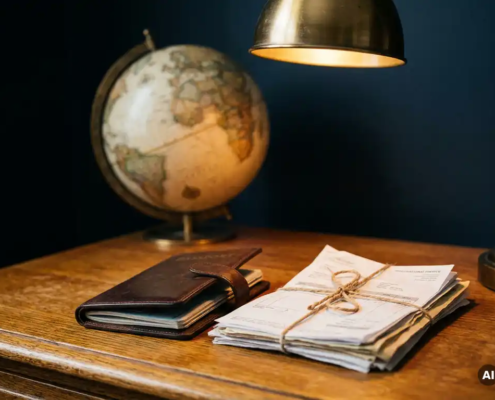 Opengeslagen leren paspoort op een eikenhouten bureau naast internationale facturen, met een vintage globe en een messing bureaulamp op de achtergrond.