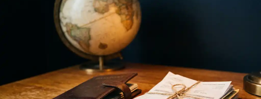 Opengeslagen leren paspoort op een eikenhouten bureau naast internationale facturen, met een vintage globe en een messing bureaulamp op de achtergrond.