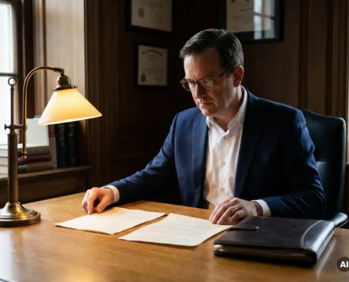 Professional in pak vergelijkt twee juridische documenten aan een eikenhouten bureau met openliggende dossiermap en klassieke bureaulamp.