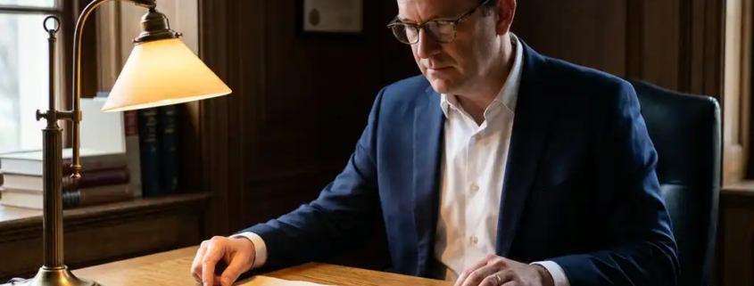 Professional in pak vergelijkt twee juridische documenten aan een eikenhouten bureau met openliggende dossiermap en klassieke bureaulamp.