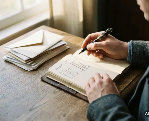 Schuldbeheerder bestudeert handgeschreven betalingsschema op houten bureau, met vulpen en facturen in warm middaglicht.