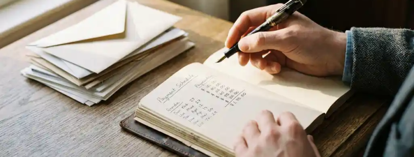 Schuldbeheerder bestudeert handgeschreven betalingsschema op houten bureau, met vulpen en facturen in warm middaglicht.