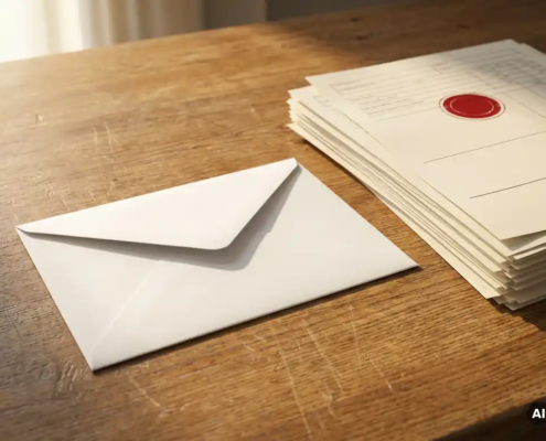 Verzegelde witte envelop op een eiken bureau naast een stapel papieren facturen met een rood stempel, warm middagslicht.