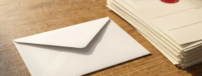 Verzegelde witte envelop op een eiken bureau naast een stapel papieren facturen met een rood stempel, warm middagslicht.