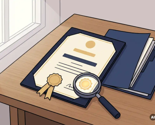Officieel certificaat op houten bureau met vergrootglas op kwaliteitszegel en gestapelde documenten ernaast.