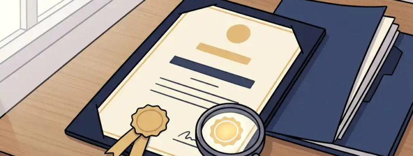 Officieel certificaat op houten bureau met vergrootglas op kwaliteitszegel en gestapelde documenten ernaast.