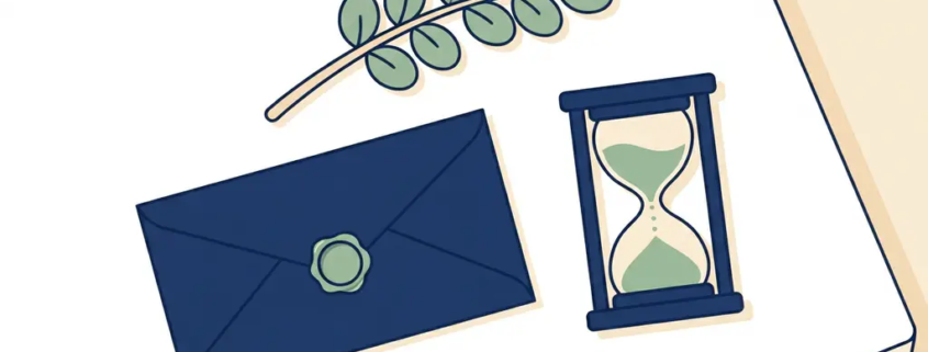 Verzegelde envelop en zandloper op wit bureau met groen plantentakje, symbool voor tijdige correspondentie.