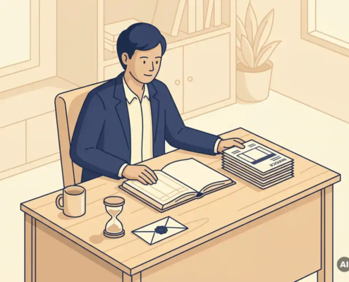 Professional aan houten bureau met facturen, open grootboek, zandloper en envelop in warm kantoor.