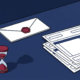 Witte envelop met rood lakzegel naast gestapelde facturen en zandloper op bureau, illustratie in marineblauw en rood.