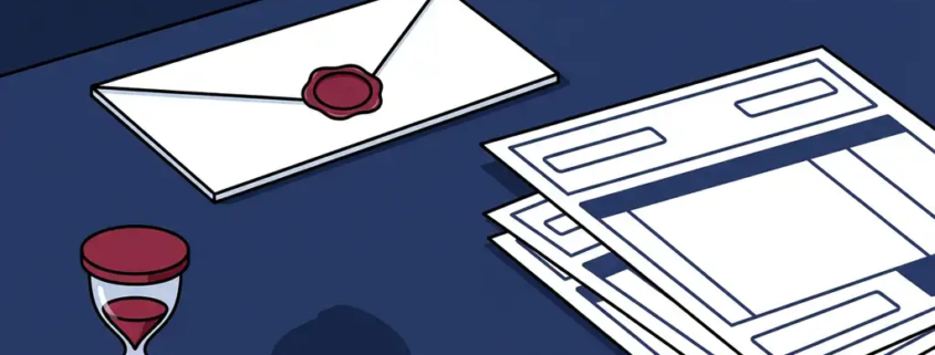 Witte envelop met rood lakzegel naast gestapelde facturen en zandloper op bureau, illustratie in marineblauw en rood.