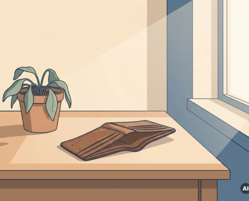 Open, leeg leren portemonnee op een houten bureau naast een verwelkte plant in zacht ochtendlicht.