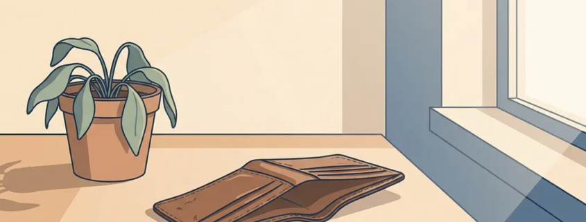 Open, leeg leren portemonnee op een houten bureau naast een verwelkte plant in zacht ochtendlicht.